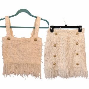 LOUISE JAMES XS Elegant Cream Top and Skirt Set Fringe Detail Tweed